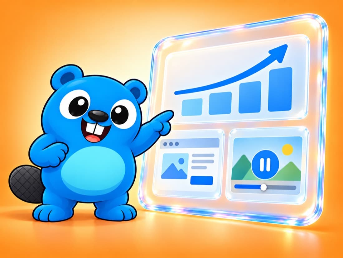 Otto pointing at a preview screen with charts and page sections