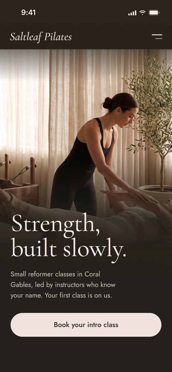Mobile version of the Saltleaf Pilates example homepage: a photo of an instructor guiding a client on a reformer, the headline “Strength, built slowly.” and a “Book your intro class” button.